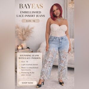 Bayeas Super High Rise Lace Wide Leg Jeans NWT Size 16
